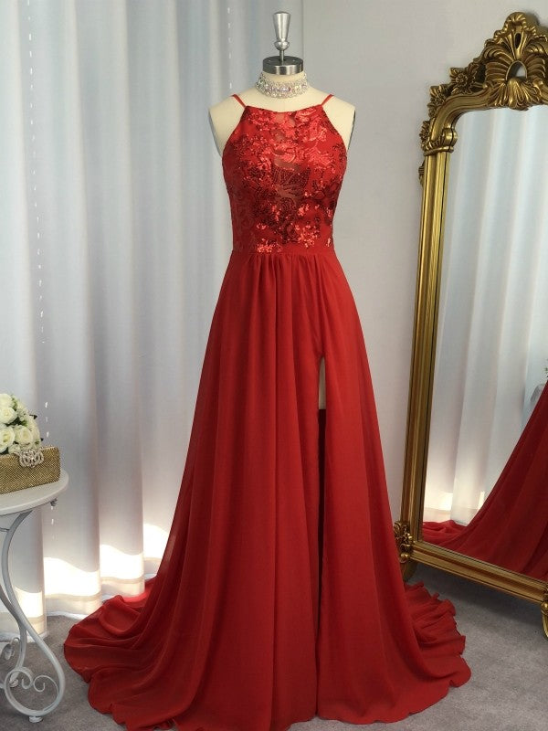Sleeveless Halter Chiffon Applique Sweep/Brush Train Dresses